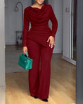 Birmingham Swing Collar Ruched Jumpsuit Long Sleeve Solid Elegant Color
