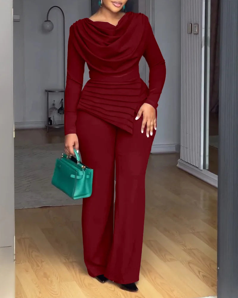 Birmingham Swing Collar Ruched Jumpsuit Long Sleeve Solid Elegant Color