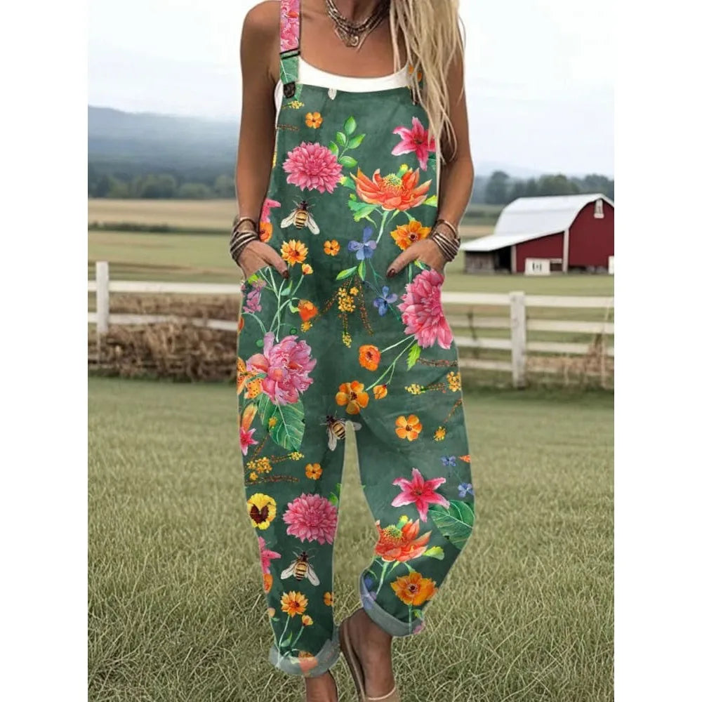 Summer Floral Romper Overalls Breathable & Comfortable Women's Jumpsuit with Pockets Adjustable Straps Romper for Streetwear