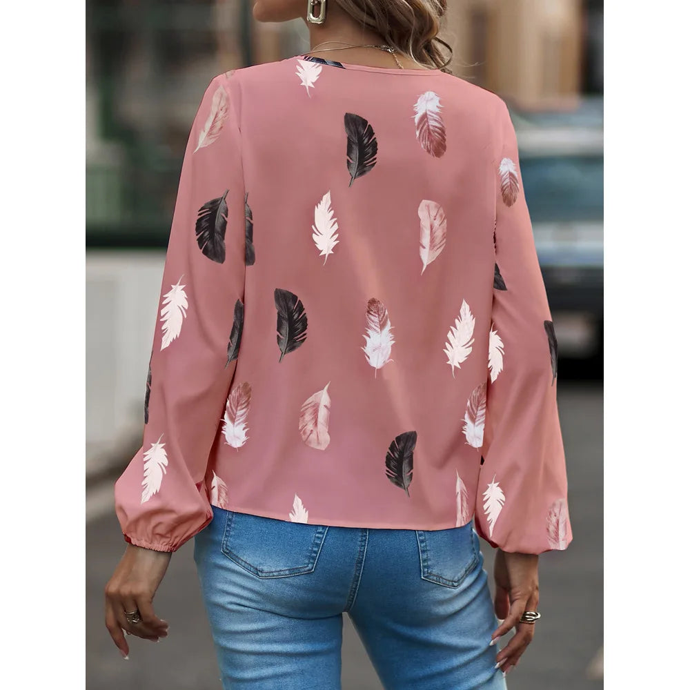 Jamesburg Casual T Shirt Fashion Feather Printed Long Sleeve V Neck Loose Blouses