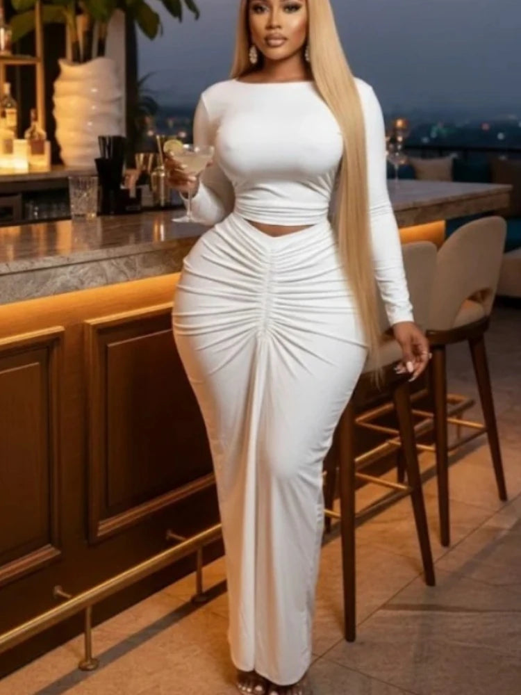 Sexy Fashion Ruched Crop  and Long S.kirts Suit Street Sexy Set