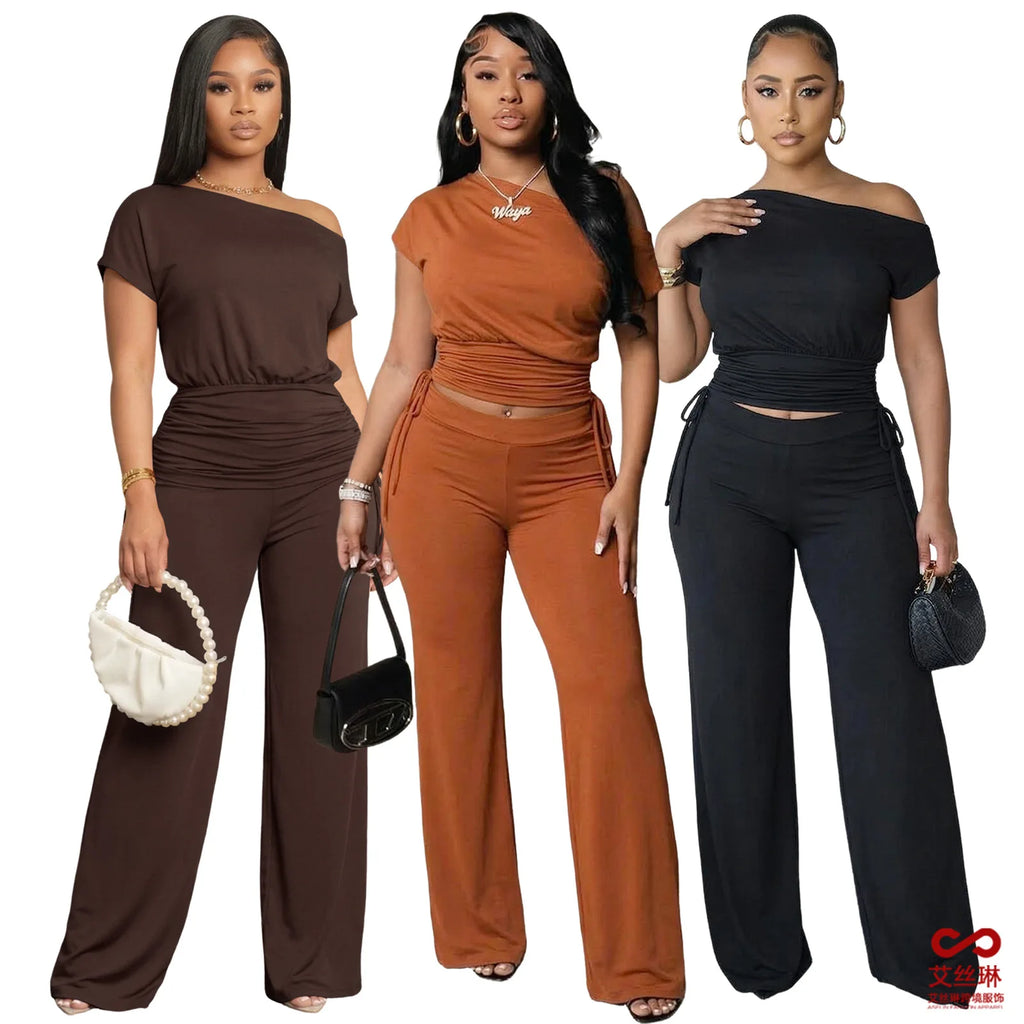 Naomi Pleated Asymmetric Neckline TWo Piece Sets