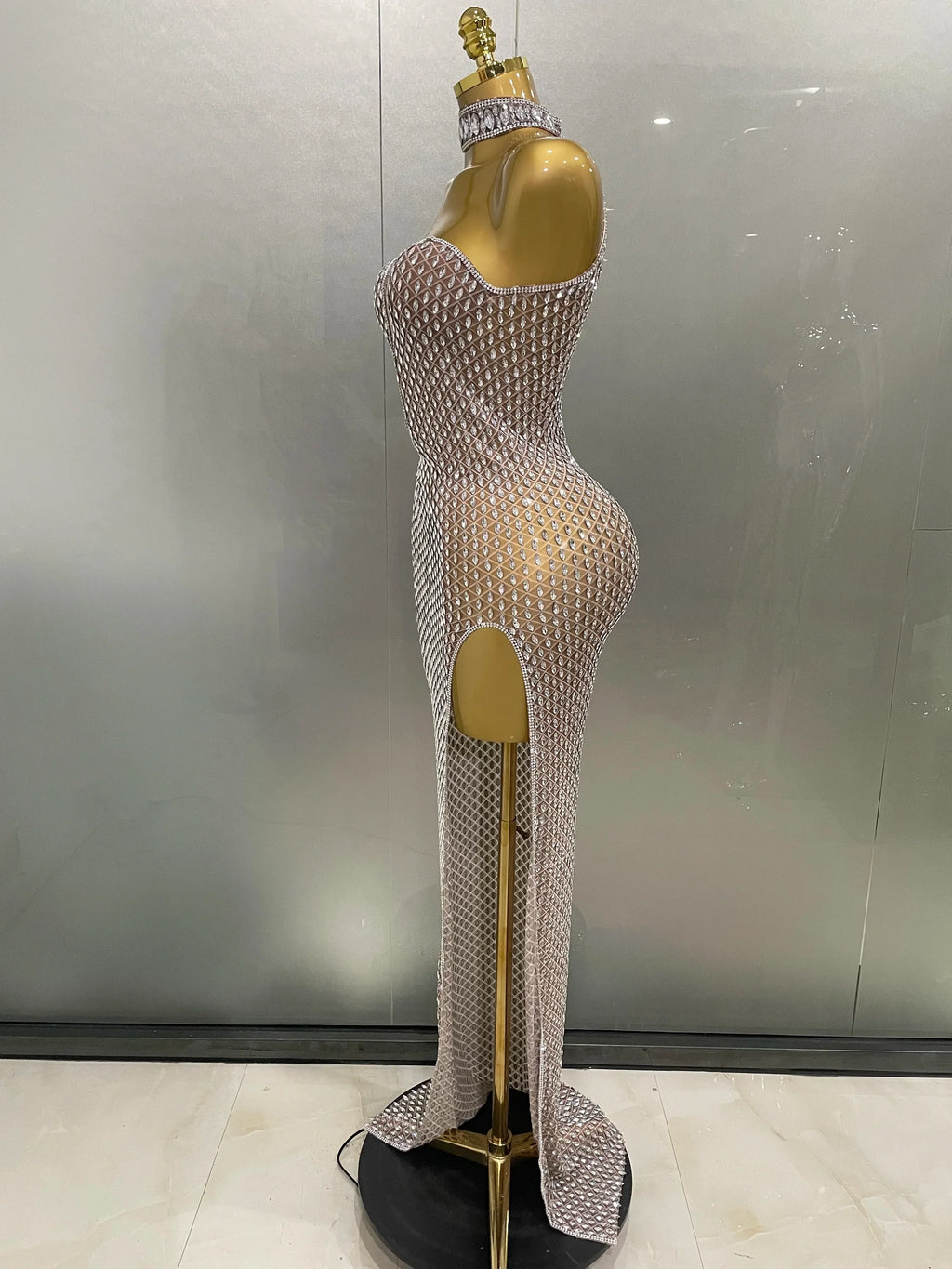 Frederick Full Rhinestones Mesh Transparent Long Elegant Dress