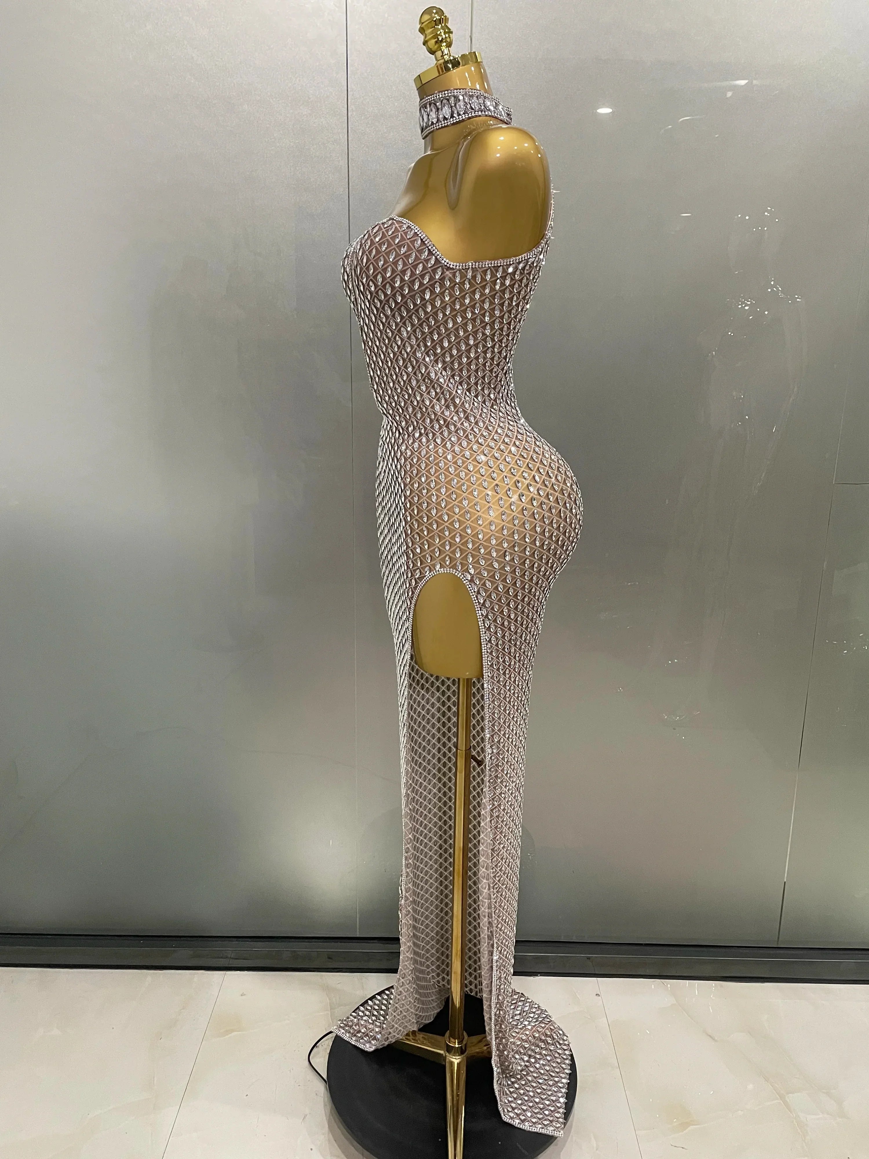 Frederick Full Rhinestones Mesh Transparent Long Elegant Dress