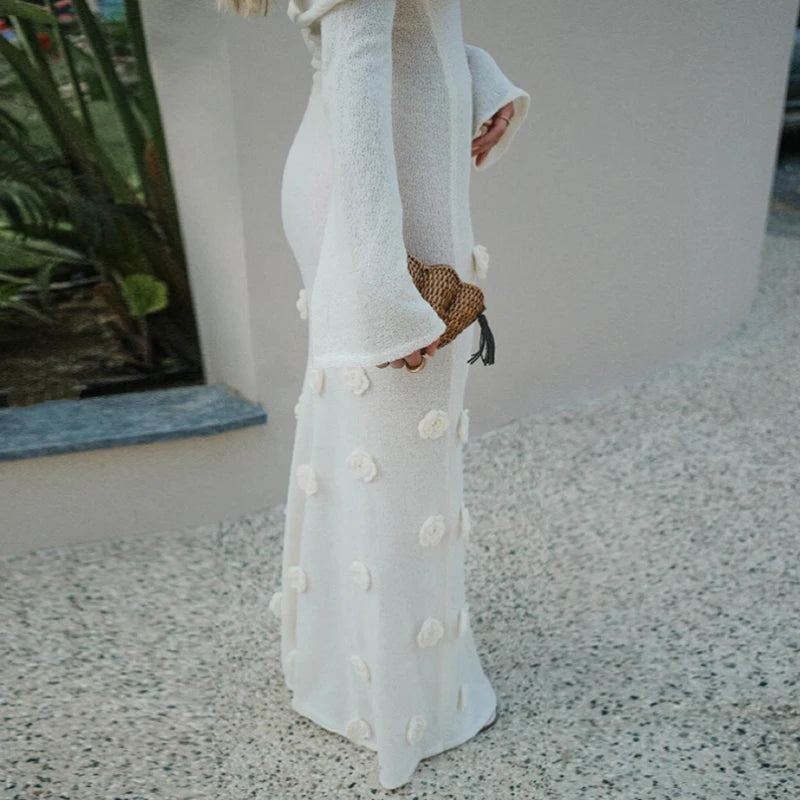 Union Slim-Fit Knitted Long Sleeve Floral Decoration One Shoulder Dress