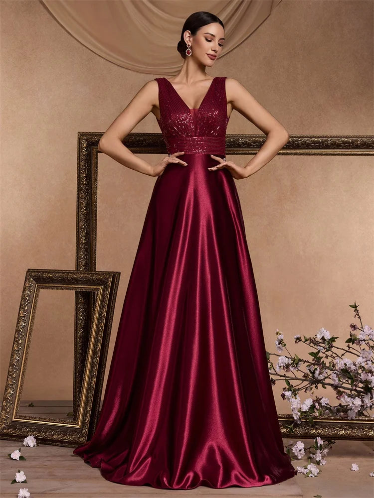 Oklahoma Elegant Sequins Evening Deep V-neck Satin Prom Party Dress