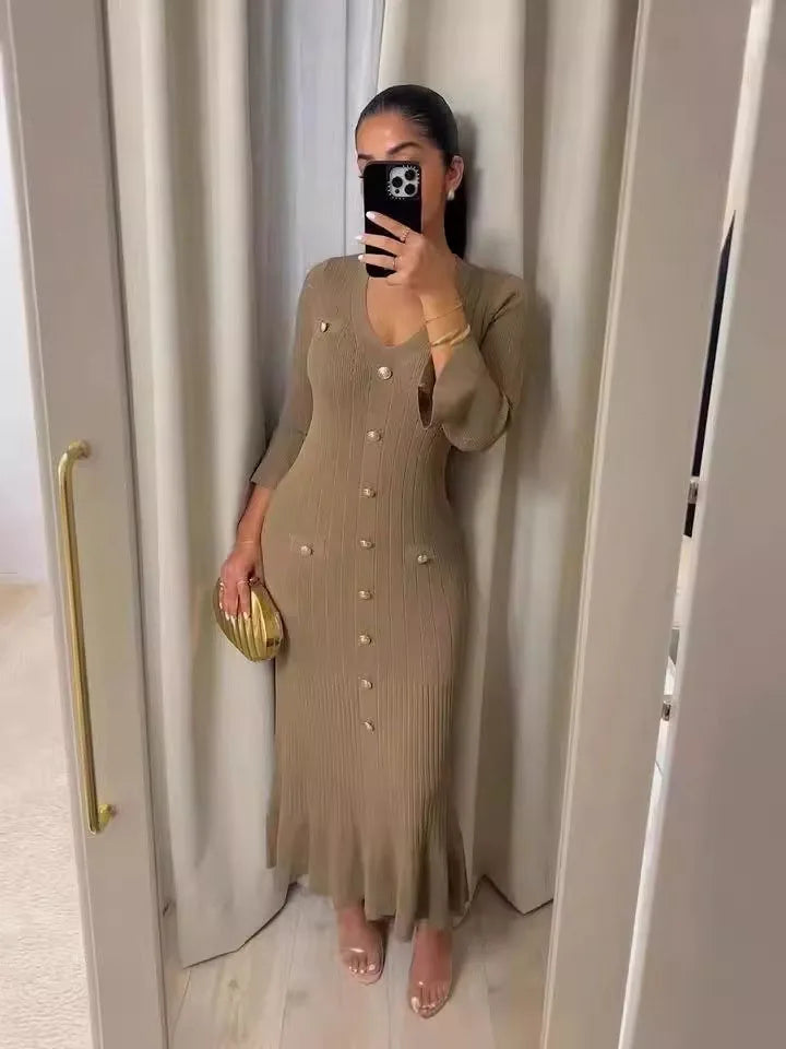 Tennessee Elegant Knitted Fashion V Neck Long Sleeves Slim Buttons Solid Color Long Dress
