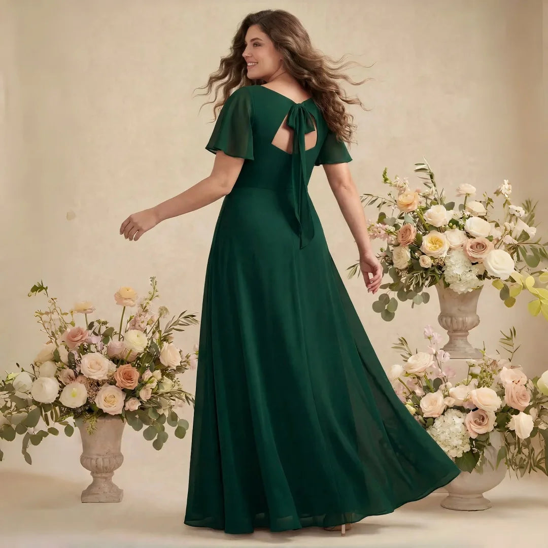 Irvington Green Plus Size Chiffon Bridesmaid Deep V Neck Flutter Sleeves Hidden Pockets Dress