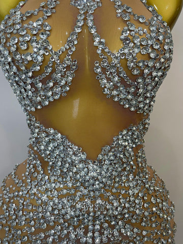Elmira Rhinestones Sexy Mesh See Through Dress Party Evening Dress