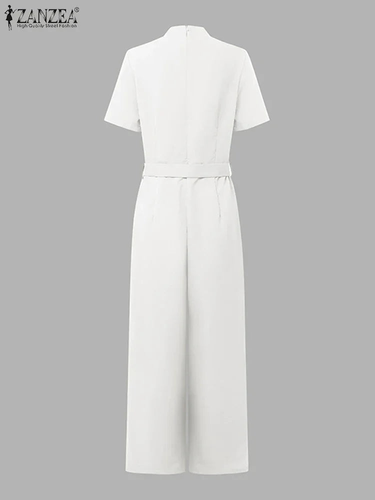 Weirton High Waist Jumpsuits Workwear Belt Rompers Solid Deep V Neck Elegant Overalls