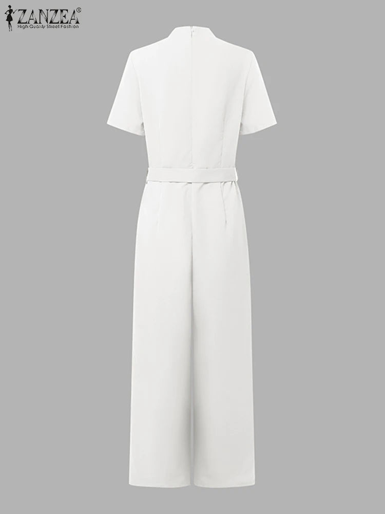 Weirton High Waist Jumpsuits Workwear Belt Rompers Solid Deep V Neck Elegant Overalls