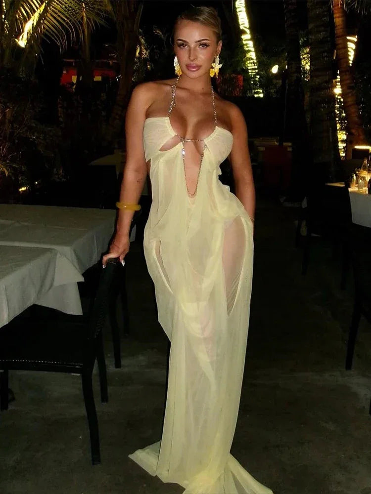 Pine Plains Sexy See Through Luxury Chain Halter Low Neck Backless Dress