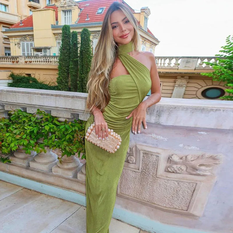 Chicago Halter Solid Sleeveless Backless Ruched Sexy Bodycon Maxi Prom Dress