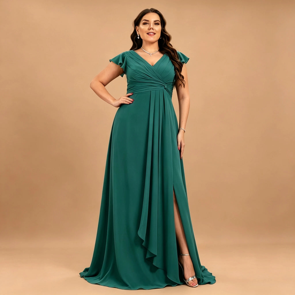 Long Island Plus Size Chiffon Evening Elegant V-Neck Ruffle Sleeve Formal Dress