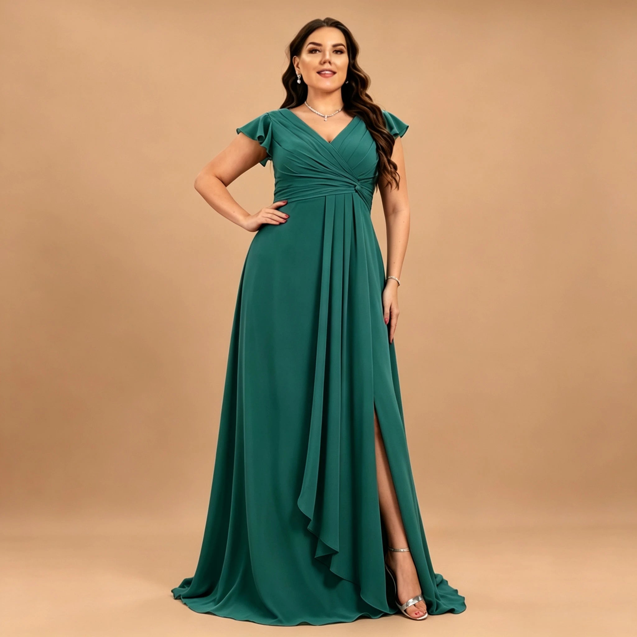 Long Island Plus Size Chiffon Evening Elegant V-Neck Ruffle Sleeve Formal Dress