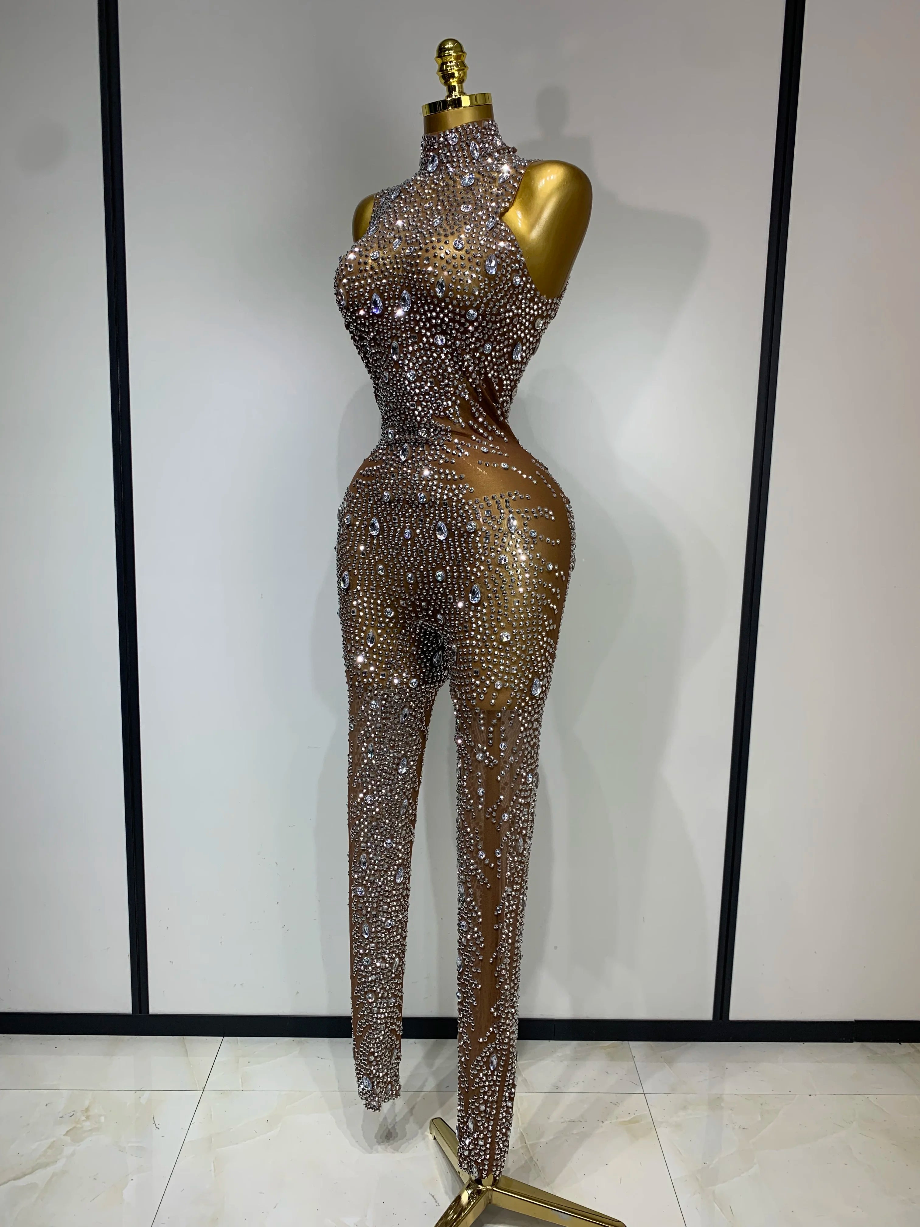 Rochester Hills Rhinestones Jumpsuit Mesh See Through Performance Dance Jumpsuit