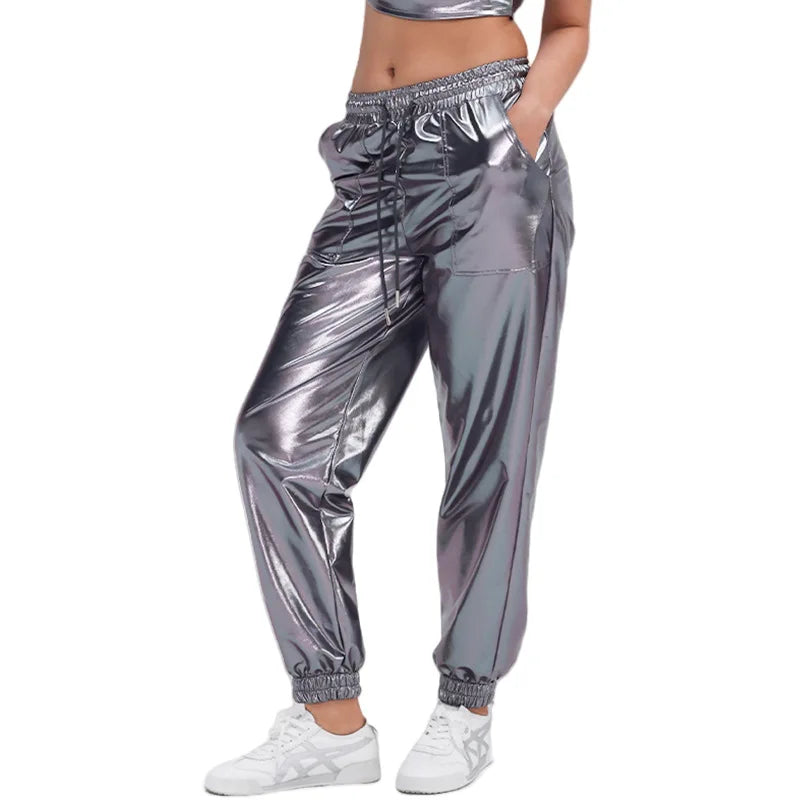 Turik Glossy Elastic Waist Drawstring Performance Trousers Pants