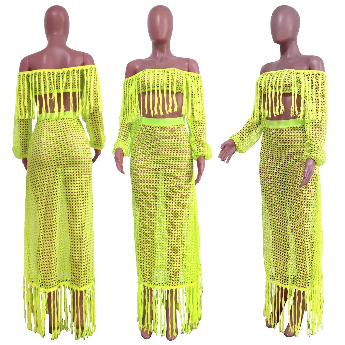 Off Shoulder Tassel Hollow Out Beach Set