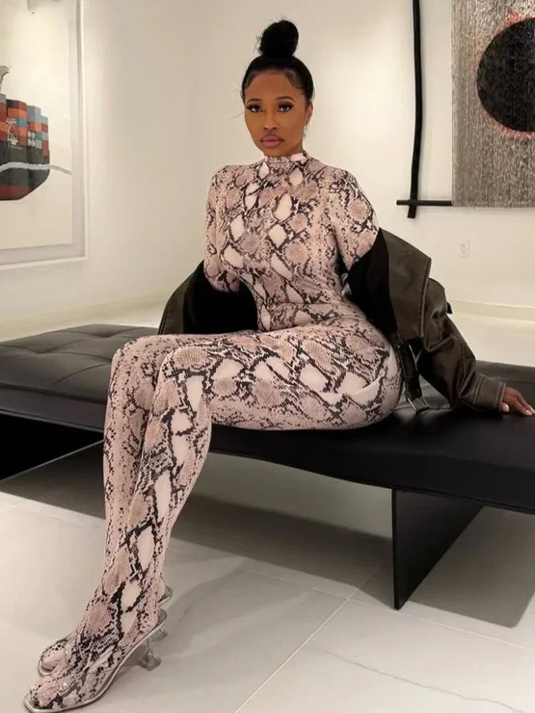 Bensonhurts Snake Print Foot Zip Trend O Neck Full Sleeve Stretch Jumpsuit