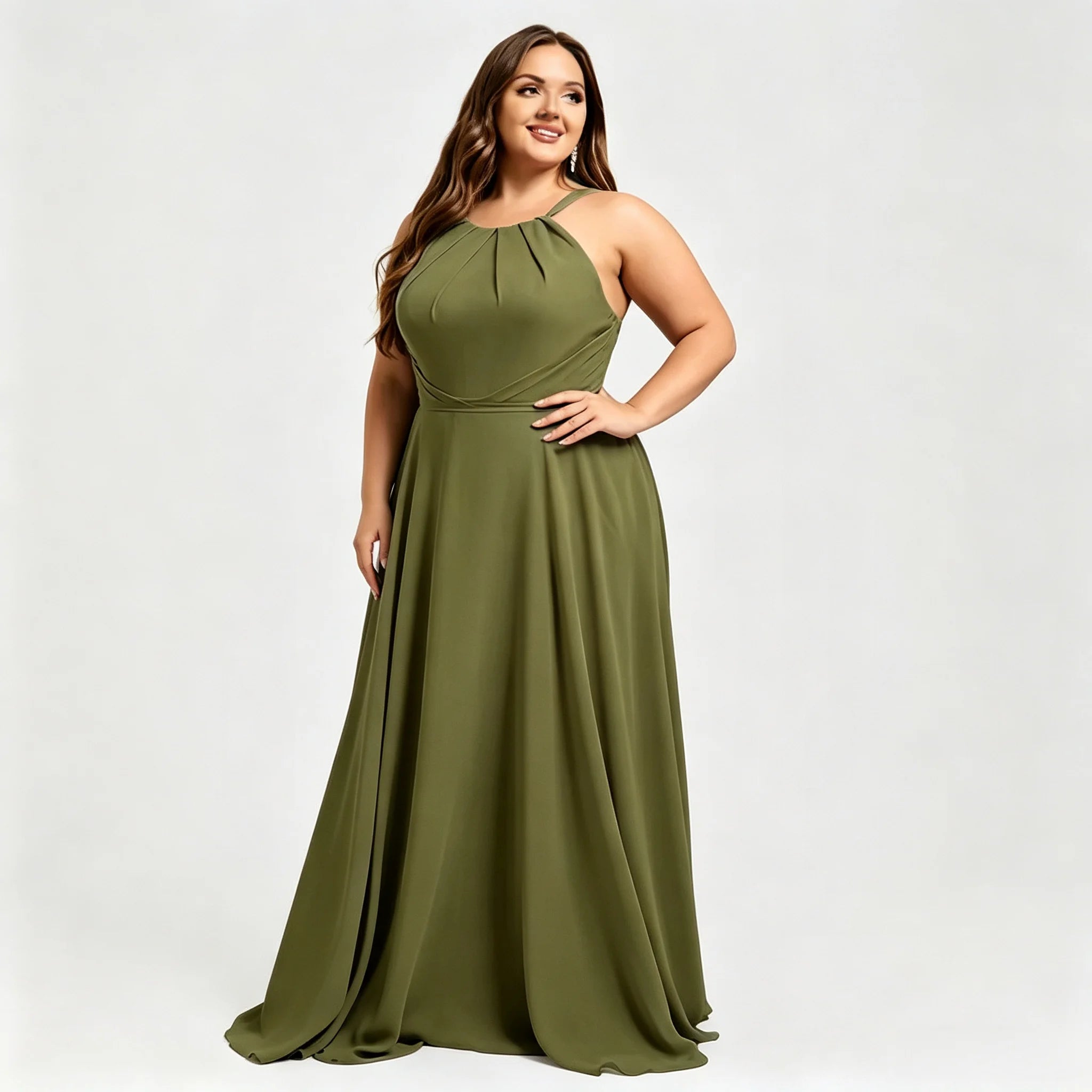 Los Mina Plus Size Halter Chiffon Bridesmaid Spaghetti Straps A Line Maxi Dress