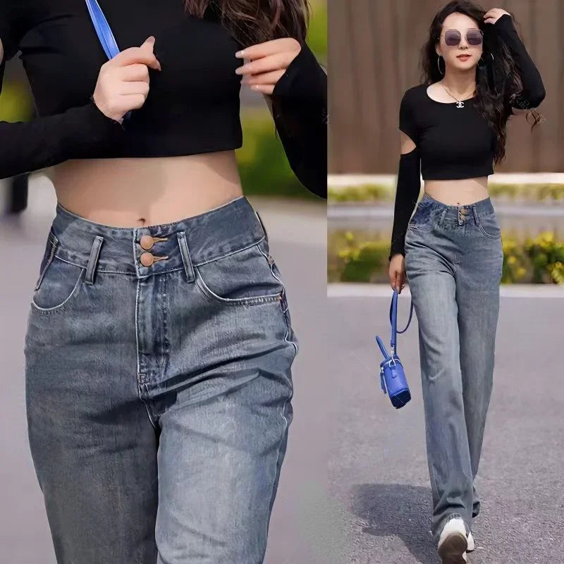 Womens Jeans High Waist Shot Blue Trousers with Pockets Pants for Women Straight Leg