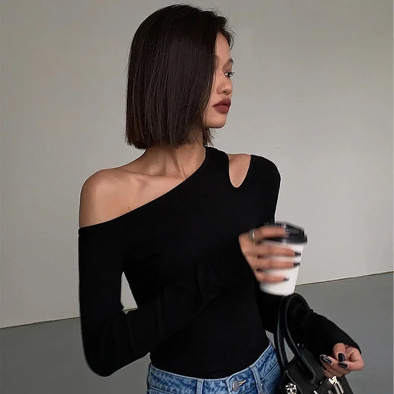 Union City Skew Collar Off Shoulder Long Sleeved T Shirts New Solid Slim Fit Crop Top