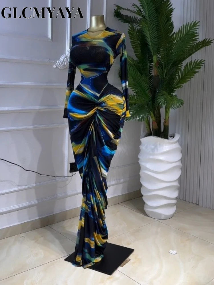 La Gloria Tie Dye Print Ruched Stacked Long Sleeve Bodycon Maxi Dress