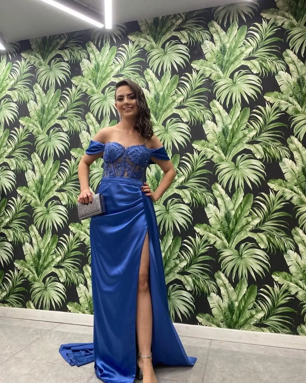 La Vega Long Off the Shoulder Party Appliques High Split Cocktail Gown Dress
