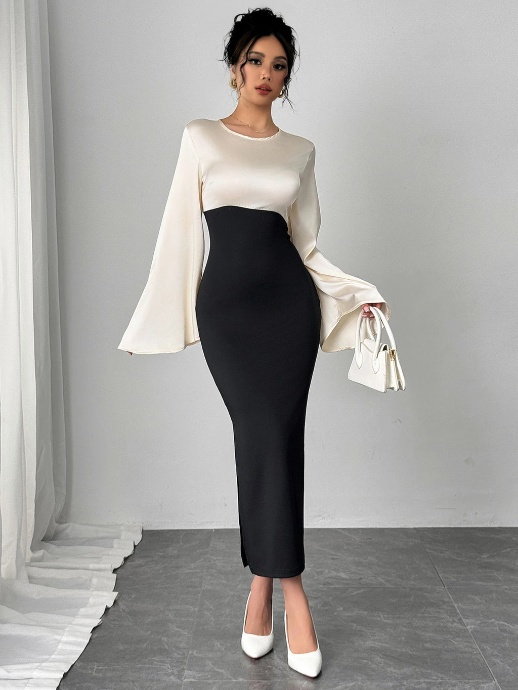 Piscataway Bell Sleeve Color Block Satin Bodycon Casual Elegant Dress