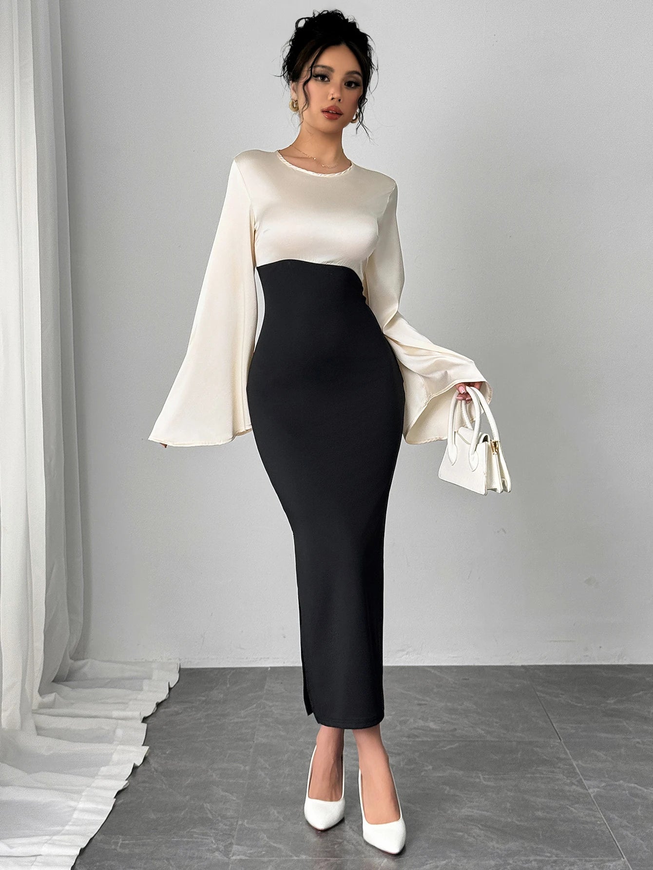 Piscataway Bell Sleeve Color Block Satin Bodycon Casual Elegant Dress