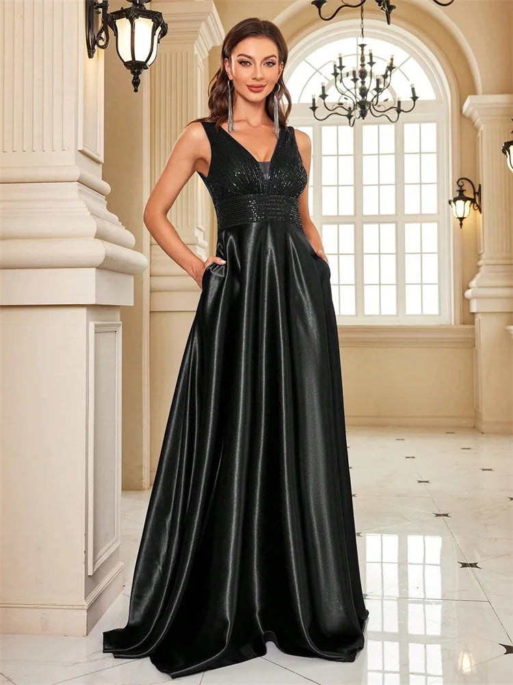 Oklahoma Elegant Sequins Evening Deep V-neck Satin Prom Party Dress