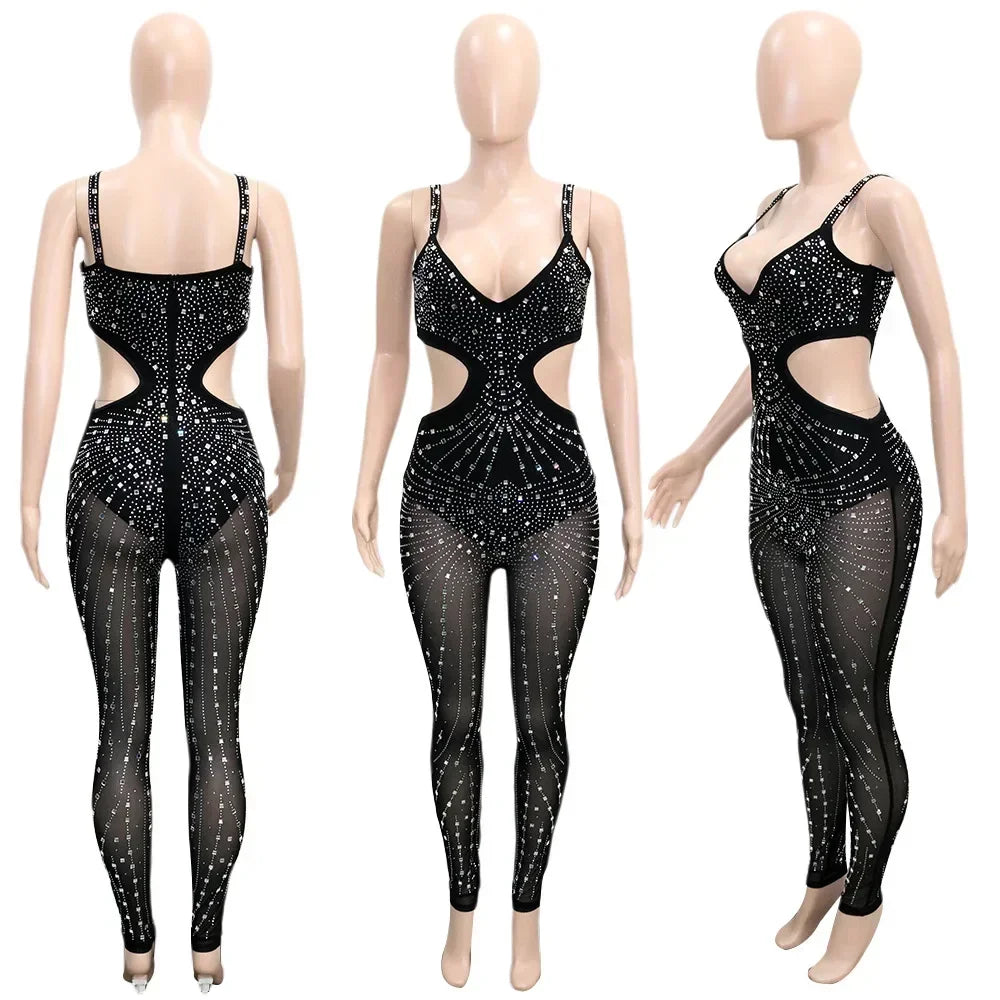 Gramercy Park Fashion Sexy Mesh Perspective Hot Drill Sleeveless Halter Jumpsuit