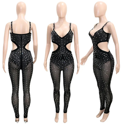 Gramercy Park Fashion Sexy Mesh Perspective Hot Drill Sleeveless Halter Jumpsuit