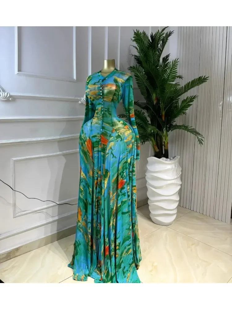 Turkunkan O Neck Long Sleeve Big Swing Tie Dye Print Long Dress