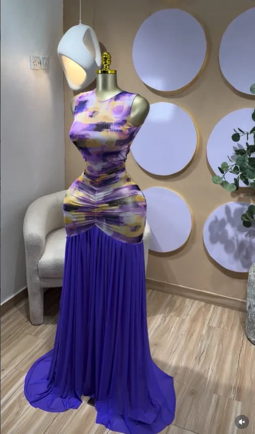 Printed Ruched Stacked Sleeveless Long Maxi Dress