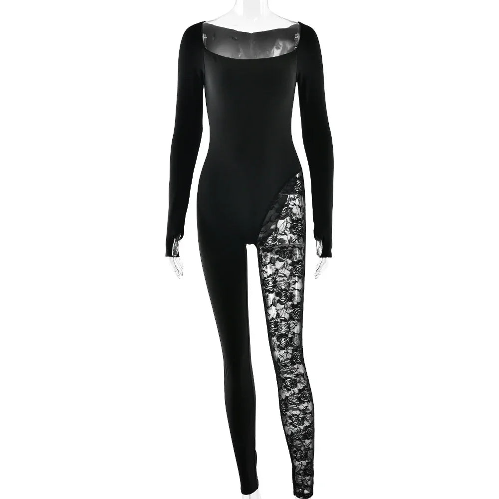 Port Chester Long Sleeve Lace Patchwork Square Collar Sexy Jumpsuits
