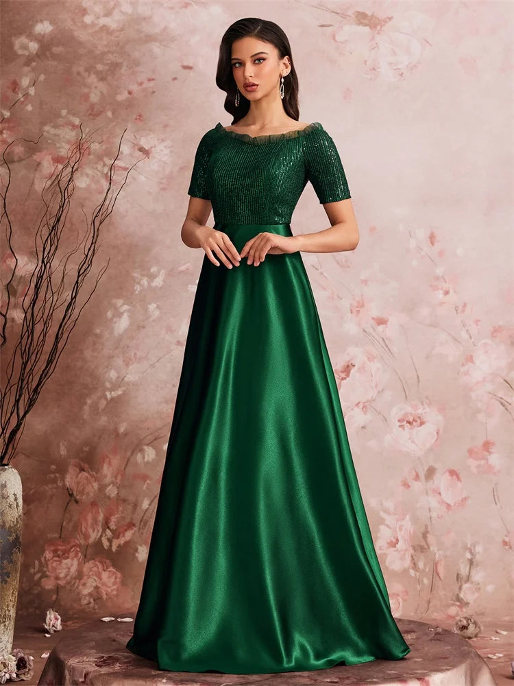 Memphis Luxury Green Satin V-Neck Party Floor Lenght Cocktail Dress