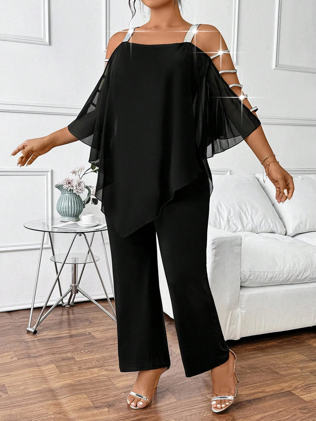 Plus Size Jumpsuit Women Cold Shoulder Chiffon Flare Sleeve Wide Leg Jumpsuit