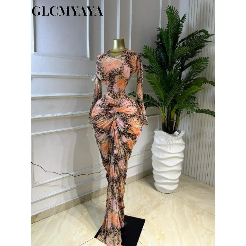 La Gloria Tie Dye Print Ruched Stacked Long Sleeve Bodycon Maxi Dress