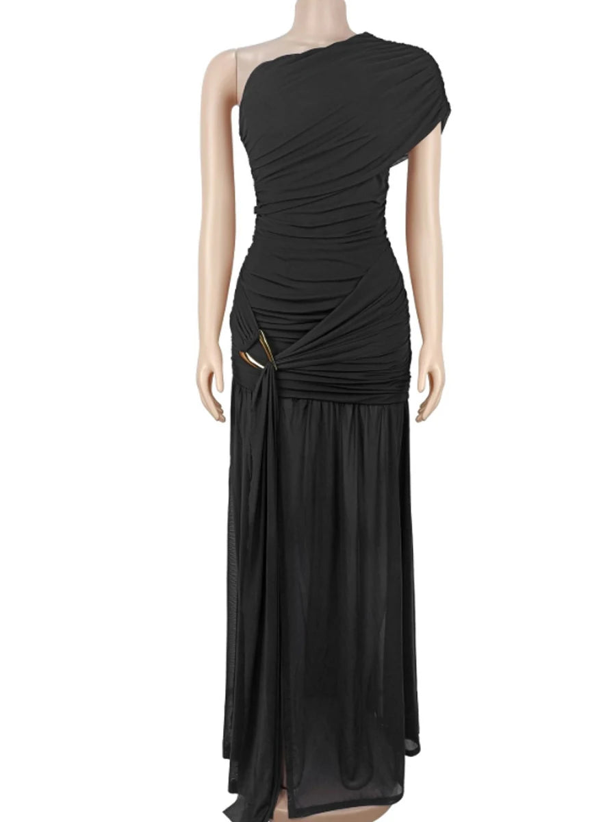 Mount Olive Sexy Formal One Shoulder Long Split Hem Solid Party Maxi Dress