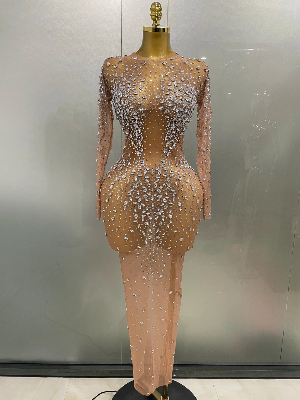 Cumberland Shinny Rhinestone Stretch Mesh Transparent Long Dress