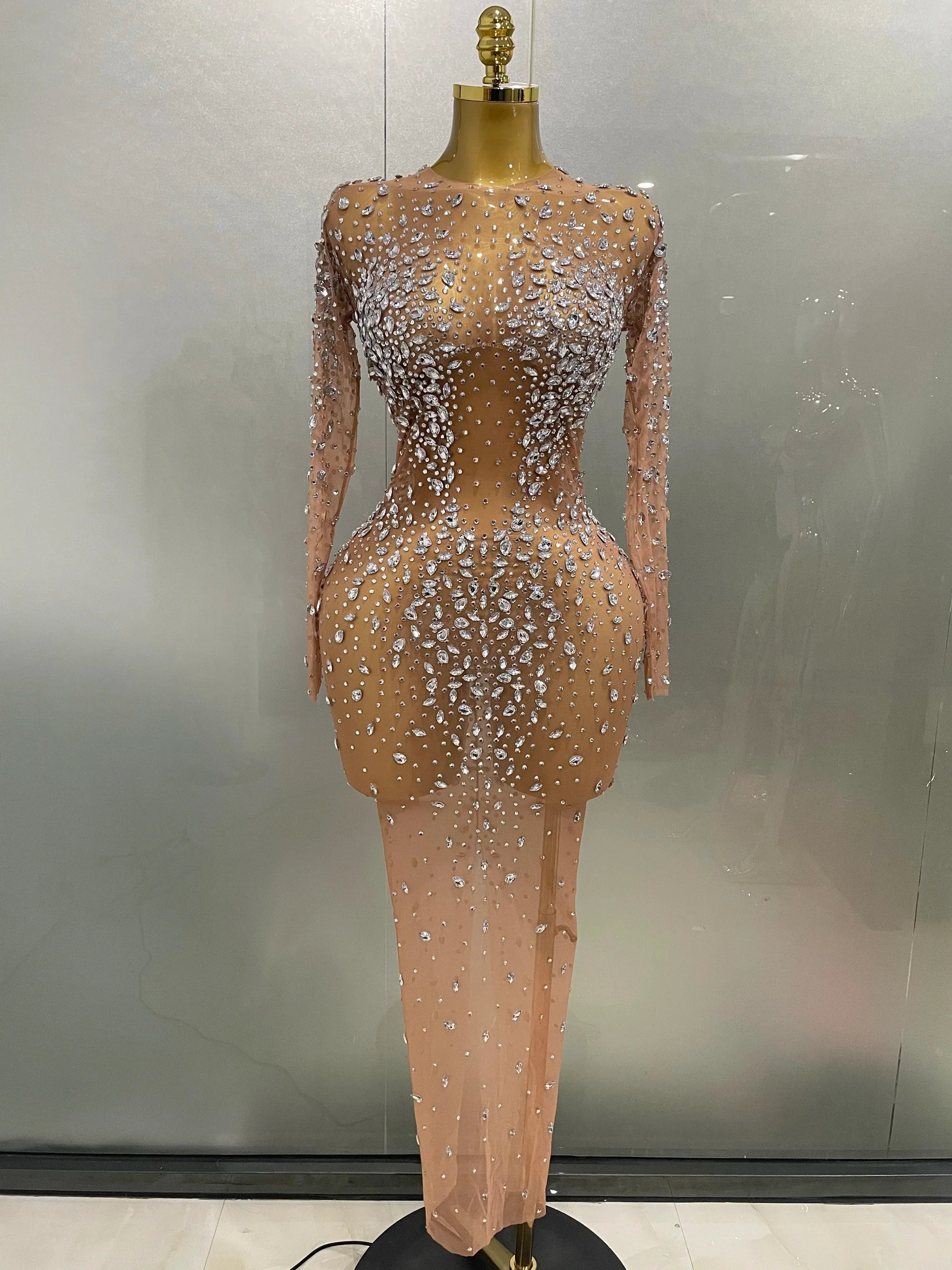 Cumberland Shinny Rhinestone Stretch Mesh Transparent Long Dress