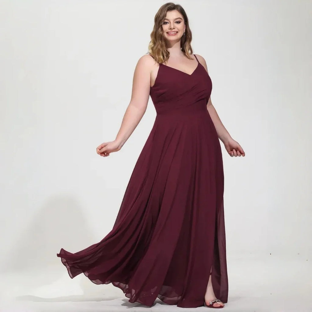 New York Plus Size Burgundy Chiffon Bridesmaid Spaghetti Strap Surplice V Neck Ruched Dress