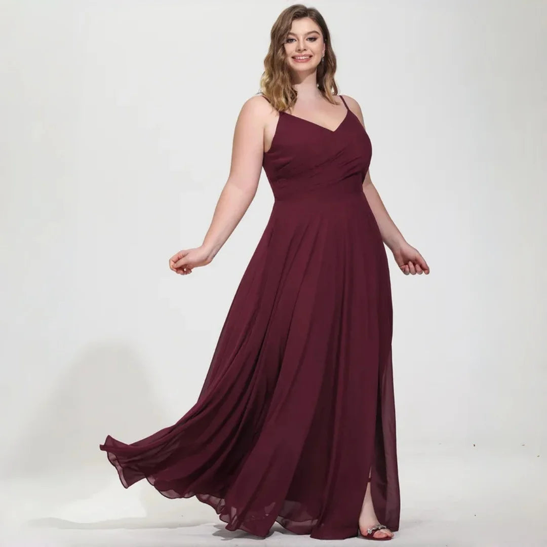 New York Plus Size Burgundy Chiffon Bridesmaid Spaghetti Strap Surplice V Neck Ruched Dress