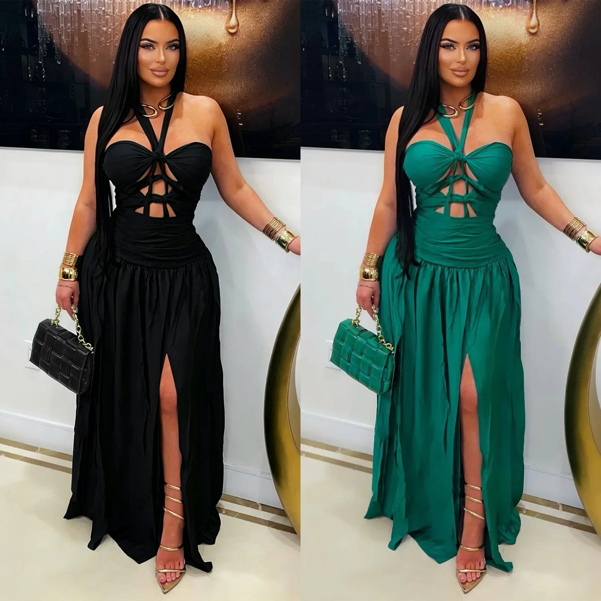 Phoenix Bandage Halter Satin Clothes Luxury Elegant Evening Party Maxi Dress