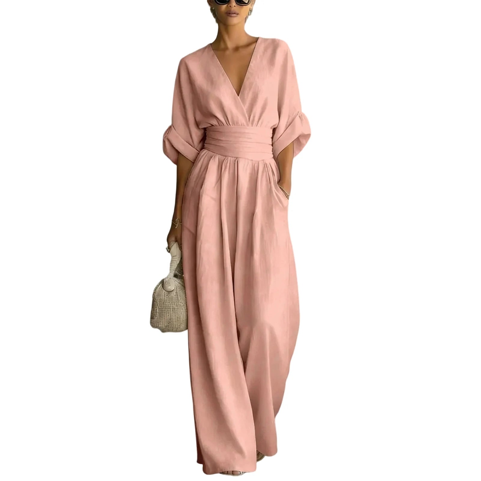 Women's Jumpsuit Fashion High Waist V-neck Casual Jumpsuits Sexy Solid Color Office Wide Leg Trousers Overalls Vacation Outfit