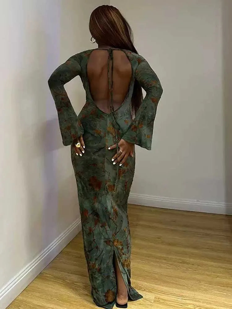 Elegant Backless Long Sleeve Sexy Slimming Dress with A Slit on The Leg