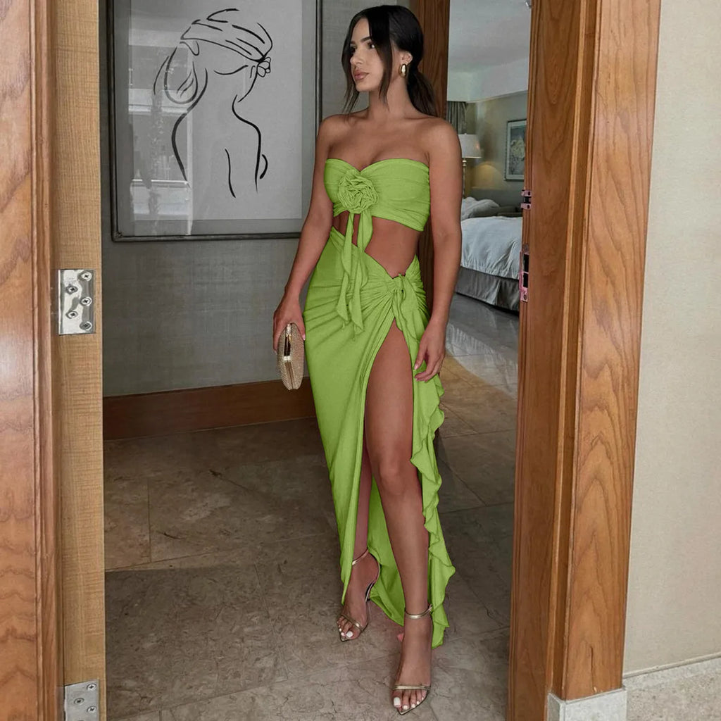 Ogdensburg Strapless Tie Flower Draped Sexy Crop Tank Slit Tassel Set