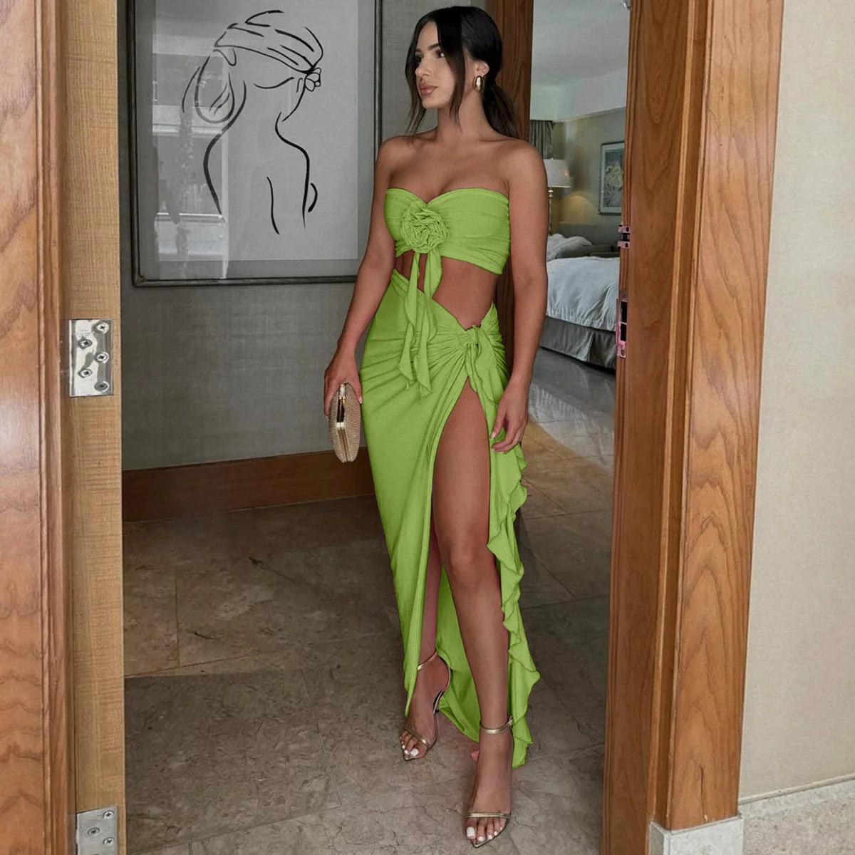 Ogdensburg Strapless Tie Flower Draped Sexy Crop Tank Slit Tassel Set