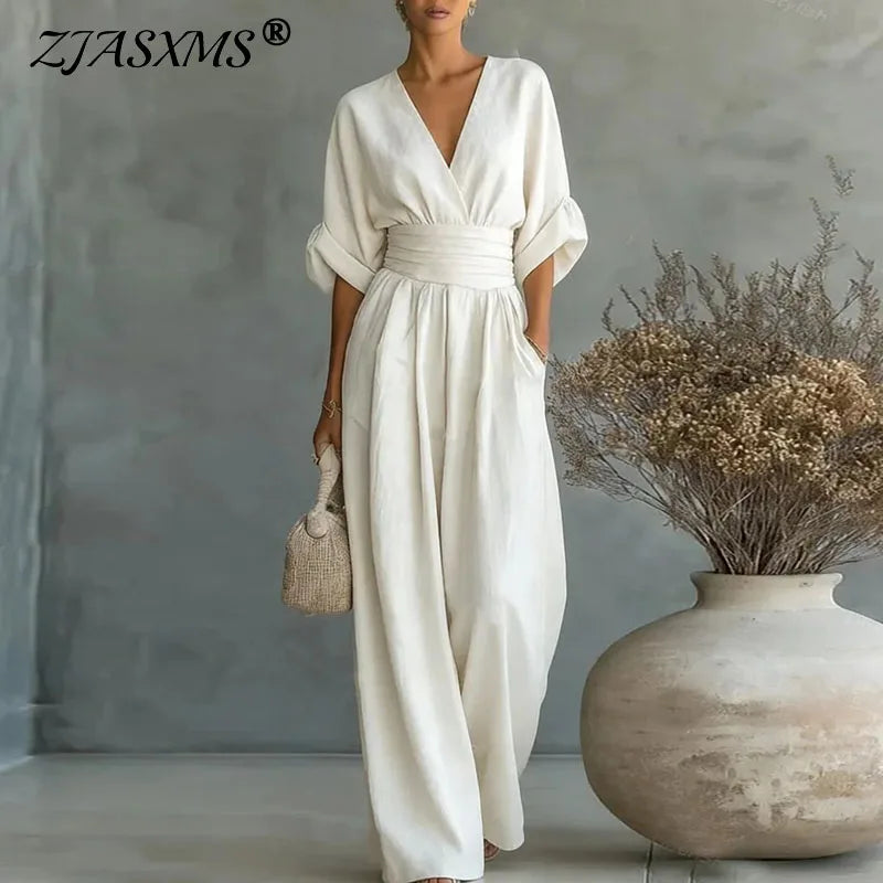 Women's Jumpsuit Fashion High Waist V-neck Casual Jumpsuits Sexy Solid Color Office Wide Leg Trousers Overalls Linen Chic